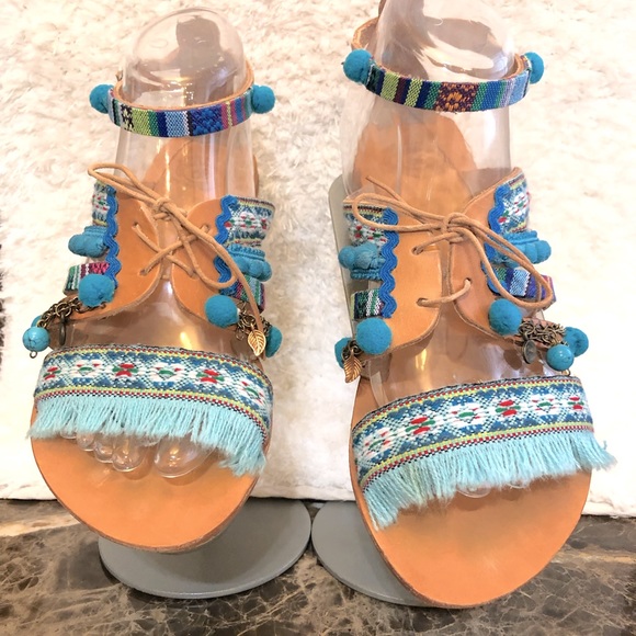 Embellished Greek Leather POMPOM Sandals-Sz 39/8.5 - Picture 2 of 7
